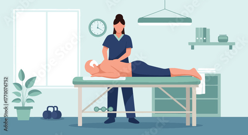 Flat vector of senior man receiving physiotherapy from doctor in clinic, physical recovery and rehabilitation theme