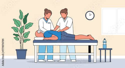 Flat vector of senior man receiving physiotherapy from doctor in clinic, physical recovery and rehabilitation theme