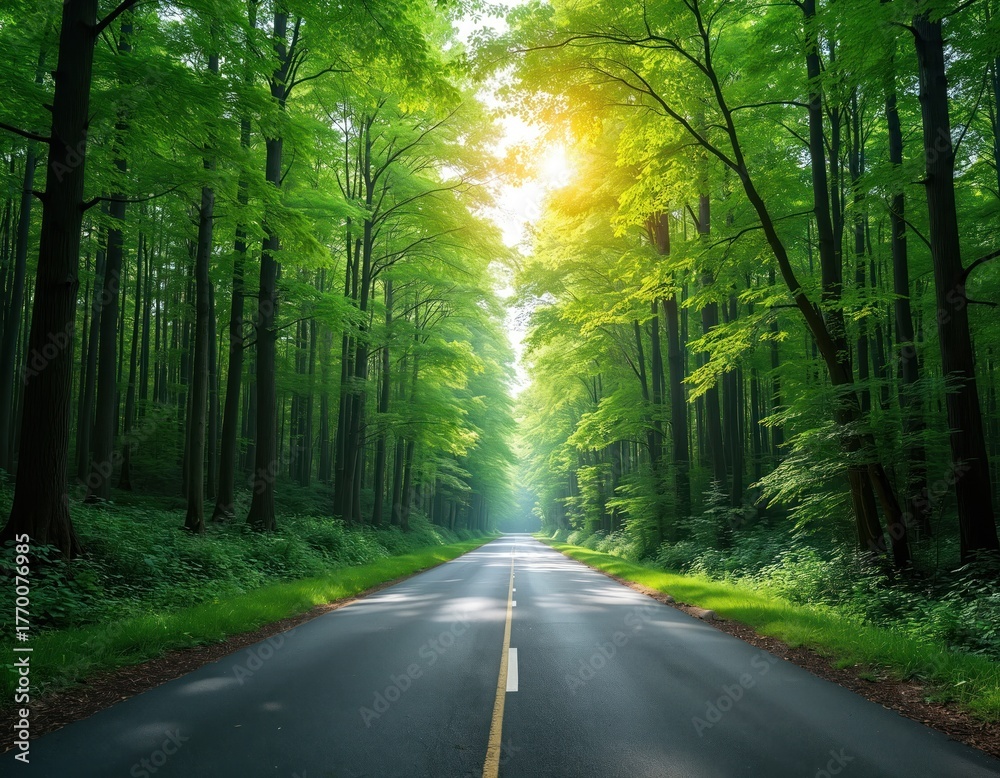 Fototapeta premium Asphalt road through vibrant forest. Sunlight shines. Tall green trees grow along path. Natural landscape with sky. Journey travel in wood environment. Spring season growth.