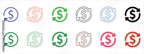 Dynamic Dollar Currency Exchange Icon Set Vector Illustration. Featuring Up and Down Arrows in Outline and Solid Styles (Black, Green, Red). Essential for Forex Trading, Stock Market, Financial Apps.