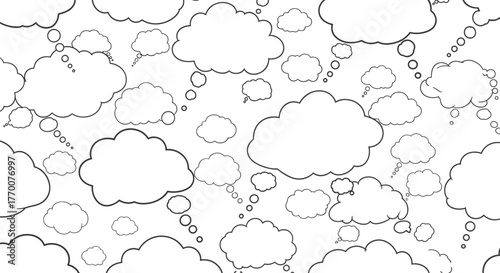 Seamless pattern of various hand-drawn thought and speech bubbles, symbolizing ideas, communication, and imagination.