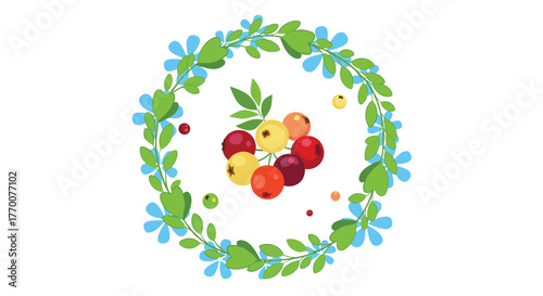 Colorful berries nestled within a beautiful circular wreath of green leaves and delicate blue flowers, isolated on white.