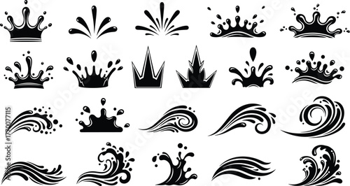 Water splash icon, wave vector set, crown shape design, liquid motion graphic, abstract droplet illustration, fluid element collection