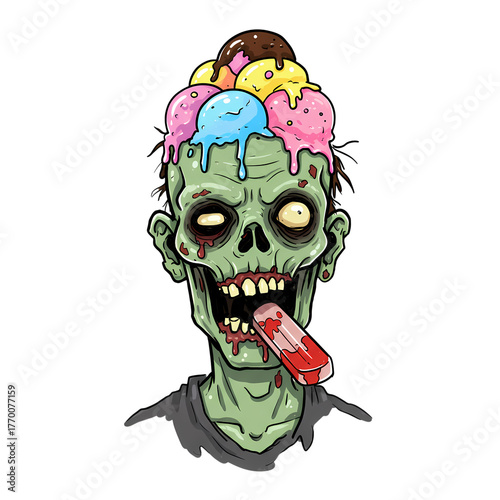Cartoon zombie with ice cream scoops on its head and a bloody eraser tongue on transparent background