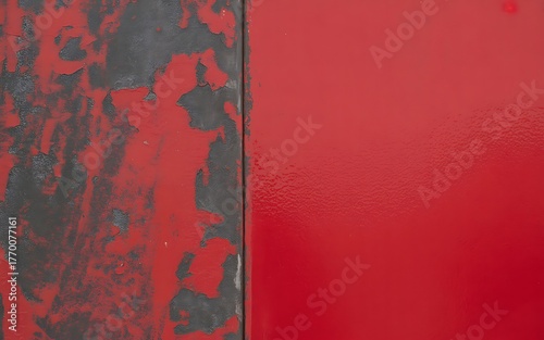 Fototapeta Naklejka Na Ścianę i Meble -  Close-up of peeling red paint on a textured metal surface with a smooth red panel abstract background