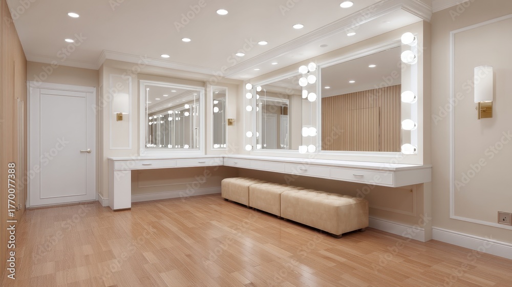 Fototapeta premium Elegant Dressing Room Interior Featuring Modern Mirrors and Warm Wood Flooring in a Spacious and Bright Environment
