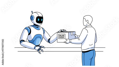 Robot delivering a package labeled ONLINE ORDER to a person
