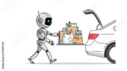 Robot delivering groceries to a car trunk