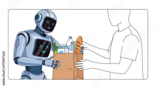 Robot delivering groceries to a persons hands