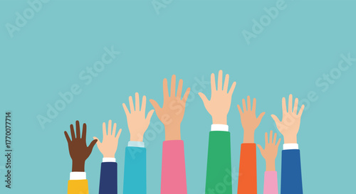 Diverse hands of various skin tones and sizes raised against a teal background, symbolizing community, participation, and inclusivity.