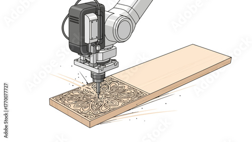 Robotic arm carving intricate pattern on wooden board