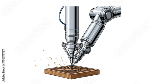 Robotic arm carving wood with shavings flying