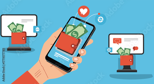 Digital financial transactions and online payments are visually represented through a smartphone, e-wallet, and interconnected computer monitors.