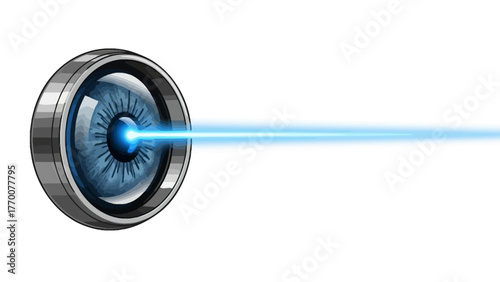 Robotic eye emitting a blue laser beam