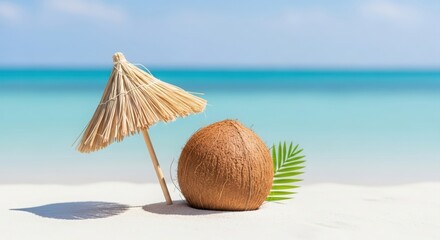 Stickers  Minimal tropical concept with coconut and beach umbrella — representing creativity, freshness, and vacation mood  © N7