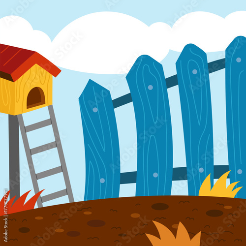 Colorful farmyard with chicken coop and fence. Flat vector henhouse with a ladder and a blue wooden fence. Illustration in a simple style for kids projects.