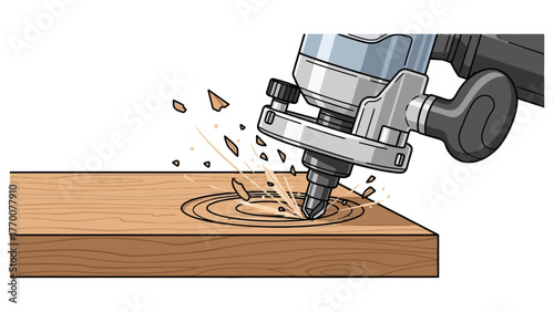 Router carving into wood creating circular grooves and wood chips