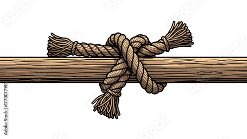 Rope tied around a wooden beam with frayed ends