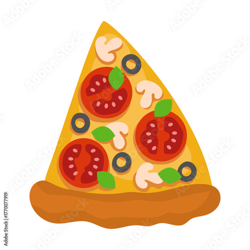 A slice of pizza Margherita with basil, tomatoes, mushrooms and olives. Fast food vector illustration. Isolated flat image on white background for menus and designs