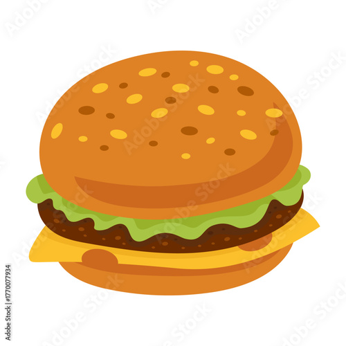 Big tasty beef burger with cheese and green lettuce. Fast food vector illustration. Isolated flat image on white background for menus and designs