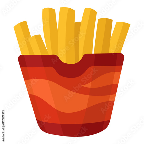 Crispy french fries potato in a red box. Fast food vector illustration. Isolated flat image on white background for menus and designs