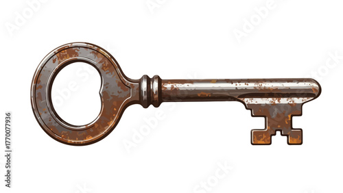 Rusted old metal key with a circular bow and intricate bit