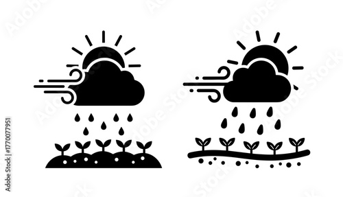 Depicts weather impact on agriculture: sun, rain, wind affect crops, climate change, farming season exactly