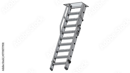 Slanted metal ladder with handrail attached to ceiling opening