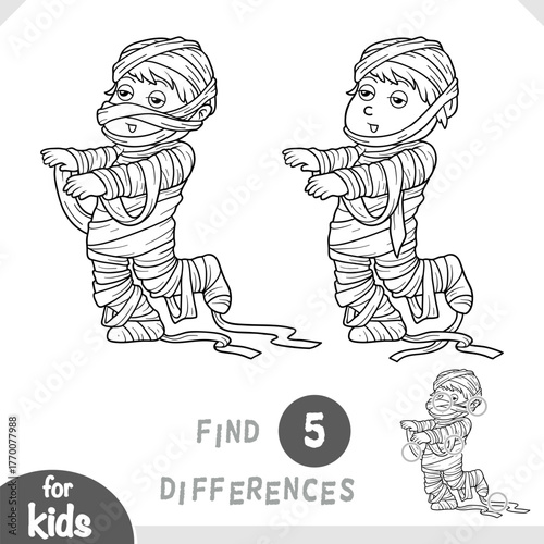 Mummy boy in masquerade costume. Spot the differences game for kindergarten and preschool children. Black and white coloring page for kids about Halloween