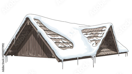 Snowcovered wooden roof with icicles