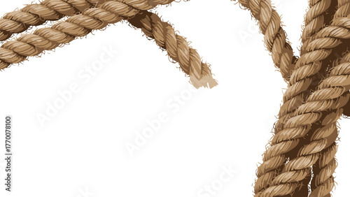 Two thick braided ropes one frayed against a white background