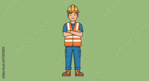Construction Worker Standing with Arms Crossed Wearing Safety Gear.