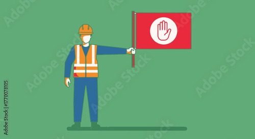 Construction Worker Signaling Stop with Red Flag.