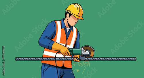 Construction Worker Cutting Rebar with Angle Grinder Illustration.