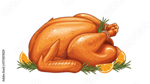 Whole roasted turkey with orange slices and rosemary garnish
