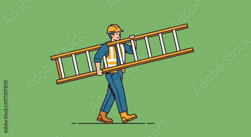 Construction Worker Carrying Ladder Illustration on Green Background.