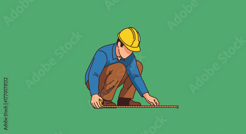 Construction Worker Measuring with Precision and Focus.
