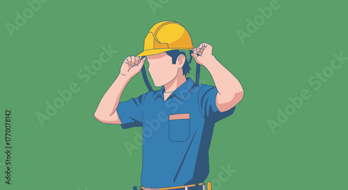 Construction Worker Adjusting Hard Hat in Vector Illustration.