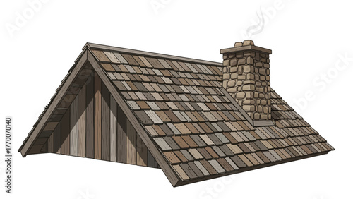 Woodenshingled roof with stone chimney and smoke