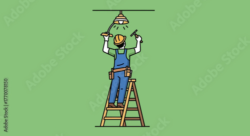 Electrician on Ladder Fixing Light Fixture Illustration.