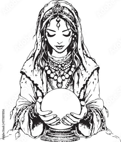 Mystic woman gazing into crystal ball, black and white ornate vector for divination, folklore, and seasonal storytelling