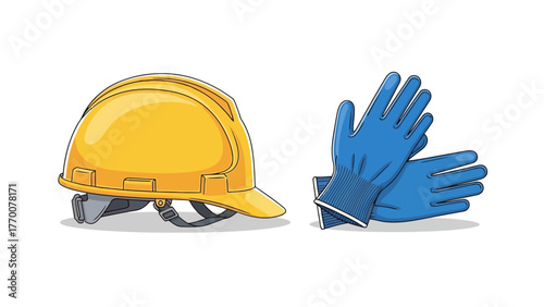 Yellow hard hat and blue work gloves on a white background