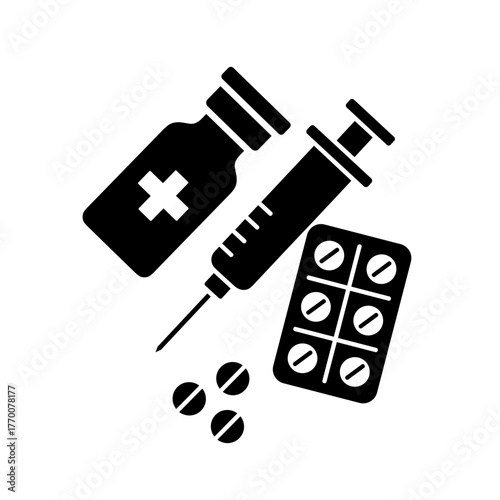 a medical themed svg featuring a vaccine vial, syringe, pills and blister pack, ideal for healthcare use