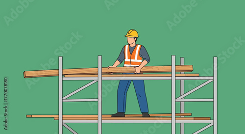 Construction Worker on Scaffolding with Lumber.