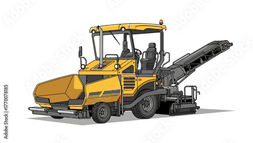 Yellow paver machine with conveyor belt and cab viewed from side