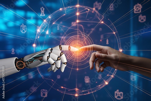 Robot and Human Hands Intersecting at a Glowing Point within a Digital Network Grid image photo