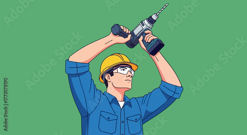 Construction Worker with Drill Wearing Safety Gear.