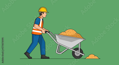 Construction Worker Pushing Wheelbarrow Full of Sand on Construction Site.