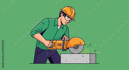 Construction Worker Cutting Concrete with Angle Grinder in Protective Gear.