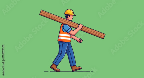 Construction Worker Carrying Lumber with Safety Gear.